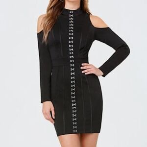 bebe Black Cold-Shoulder Hook-Front Mini Dress